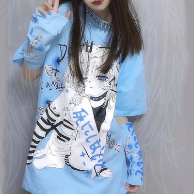 2KWEIRD Y2k Anime Graphic T Shirts Goth with Split Sleeves Fashion Kawaii Cute T-shirt Women Egirl Harajuku Top Femme Summer