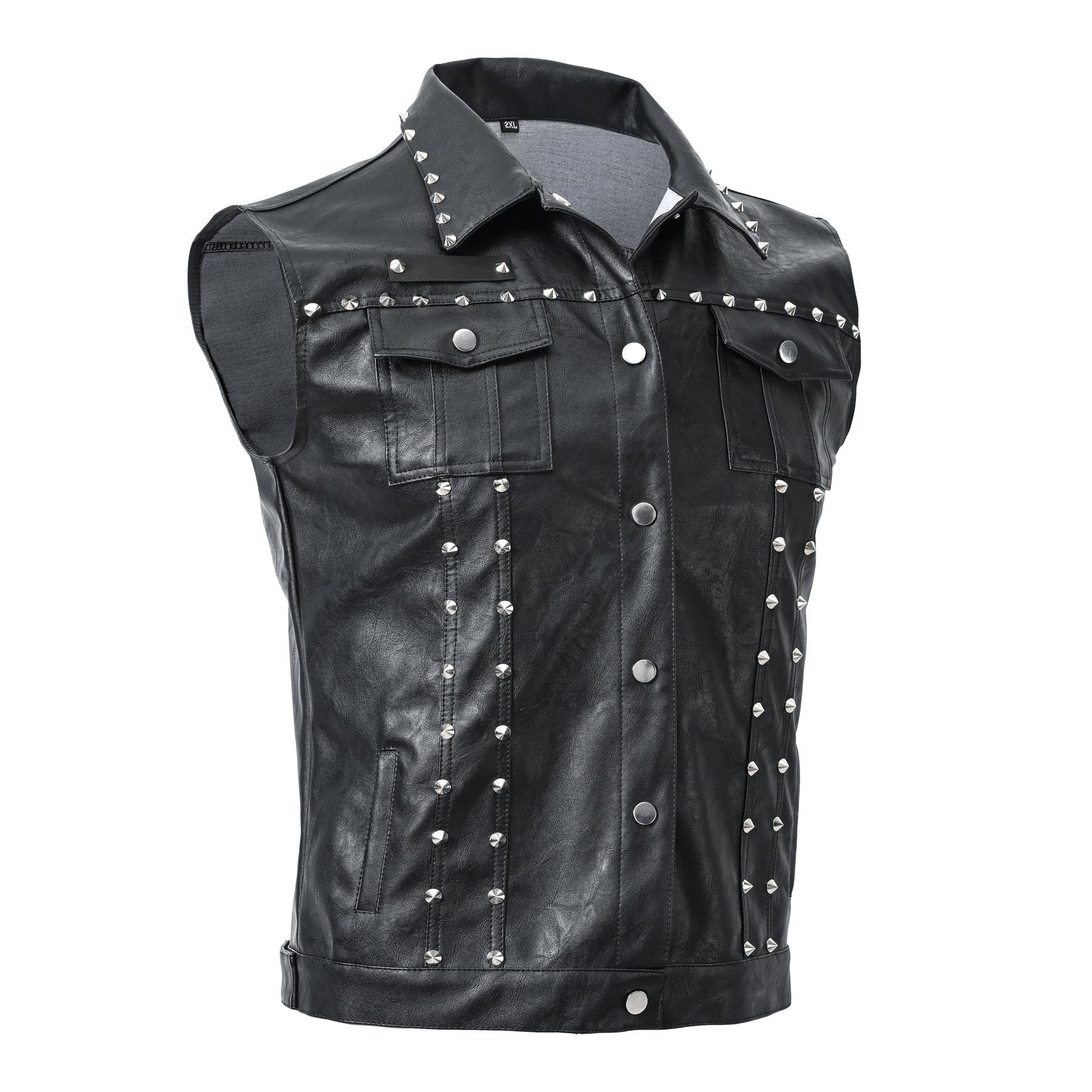 

Foreign trade solid color lapel team punk vest men s rivet locomotive wind PU imitation leather vest XXXL чорний