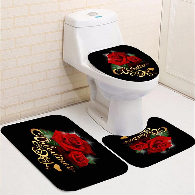 3D Rose Flower Shower Curtain Set Non-Slip Rugs Bath Mat Toilet Lid Cover and 12 Hooks Waterproof Polyester Bathroom Decor