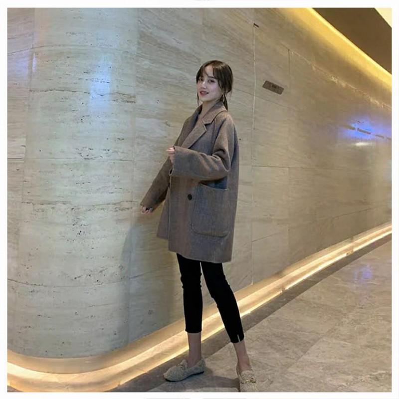 Damen Fischgräten-Wollmischung Mantel Winter Lockerer Oversized Blazer Jacke mit Revers