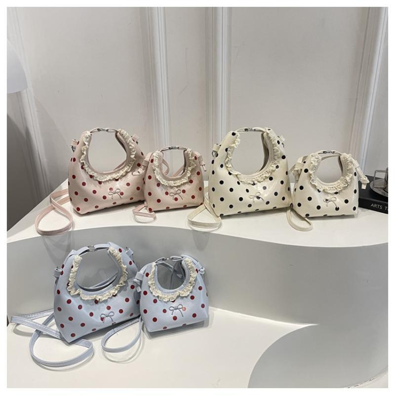 Polka Dot PU Leather Bag with Detachable Strap Lace Ruffled Handle Cute Bow Casual Purse for Daily Use