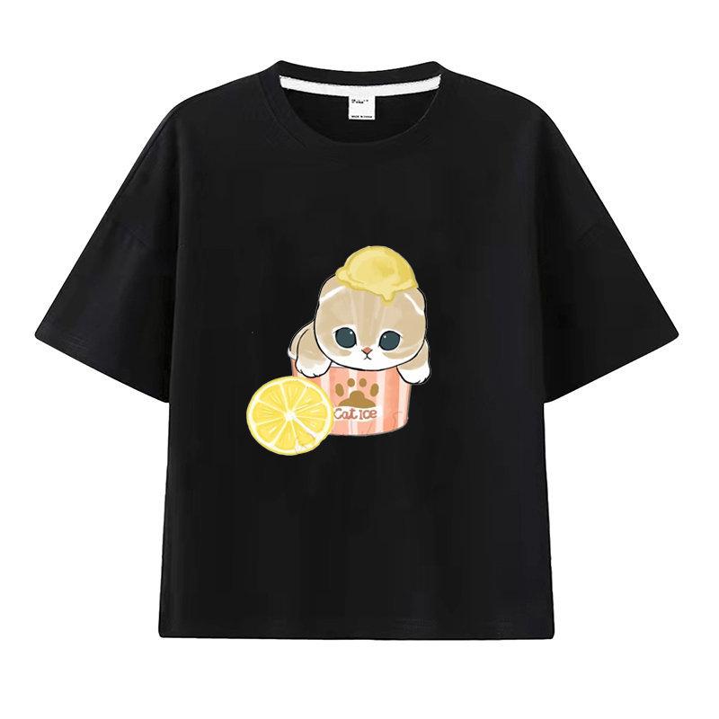 New Summer Catprinted Shortsleeved Tshirt A Cute and Trendy Outfit Featuring A Cartoon Shark Cat Kids Clothes Boys  Girl