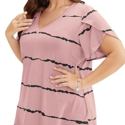 V-Ausschnitt Gestreifter Druck Kurzarm für Damen Sommer Rüschen Kurzarm Lockeres T-Shirt Lässig Atmungsaktiv Bequem Arbeit Urlaub Plus Oberteil(XL~5XL)