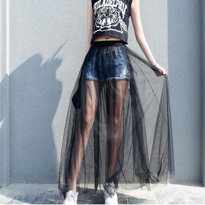 Été longue dentelle jupe femmes noir blanc maille Voile jupes décontractées taille basse bohème Sexy Transparent Maxi porter