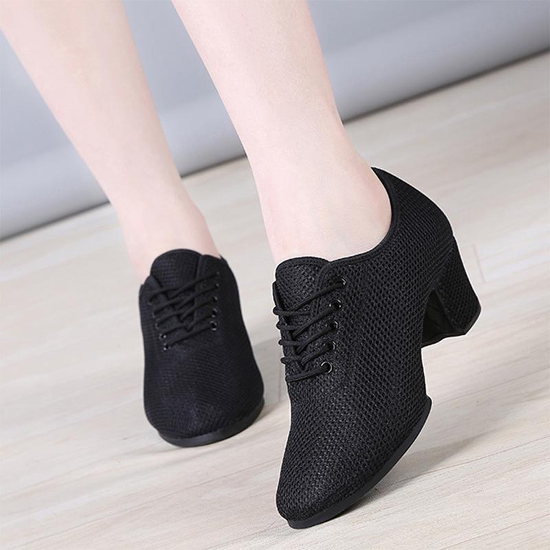 Scarpe da Jazz in Rete Donna Adulto Pratica Sala da Ballo Scarpe Latine Nere Traspiranti Scarpe da Insegnante con Tacco 3,5 cm