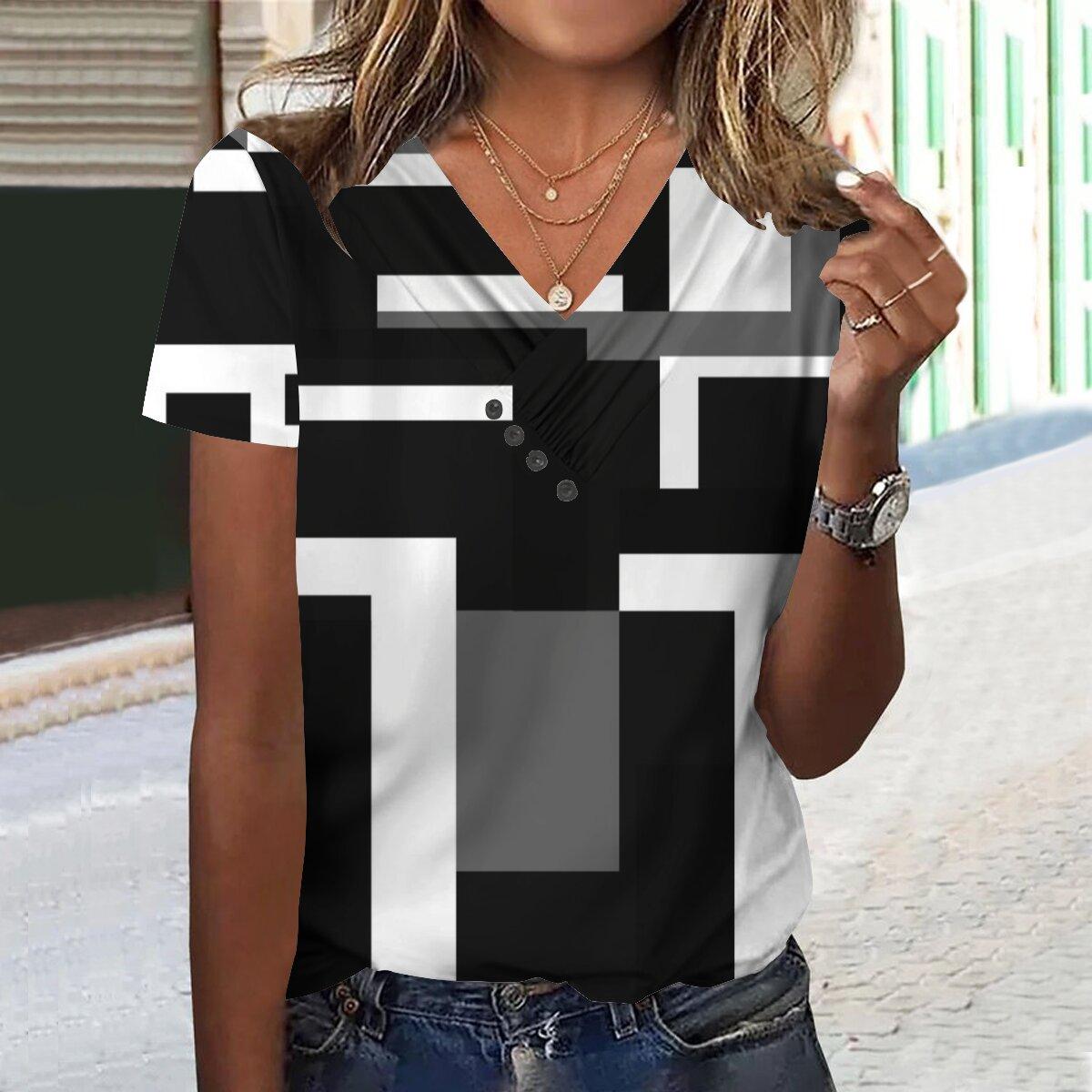 

Лето 2023, новая мода, женский повседневный топ с коротким рукавом и принтом, размер гной, с v-образным вырезом