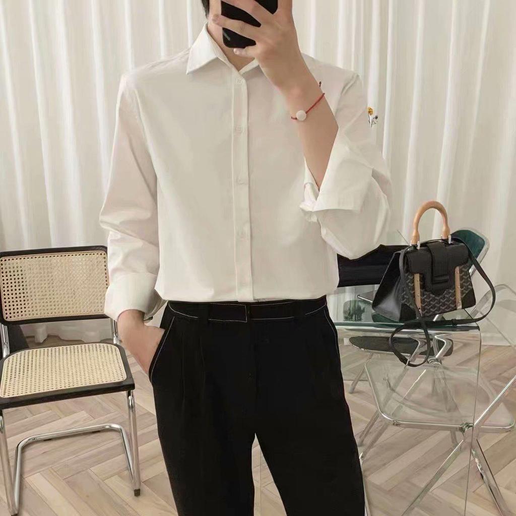 Korean Style Men's Black Long Sleeve Shirt – Trendy Handsome Jacket & Casual White Shirt for Spring/Autumn