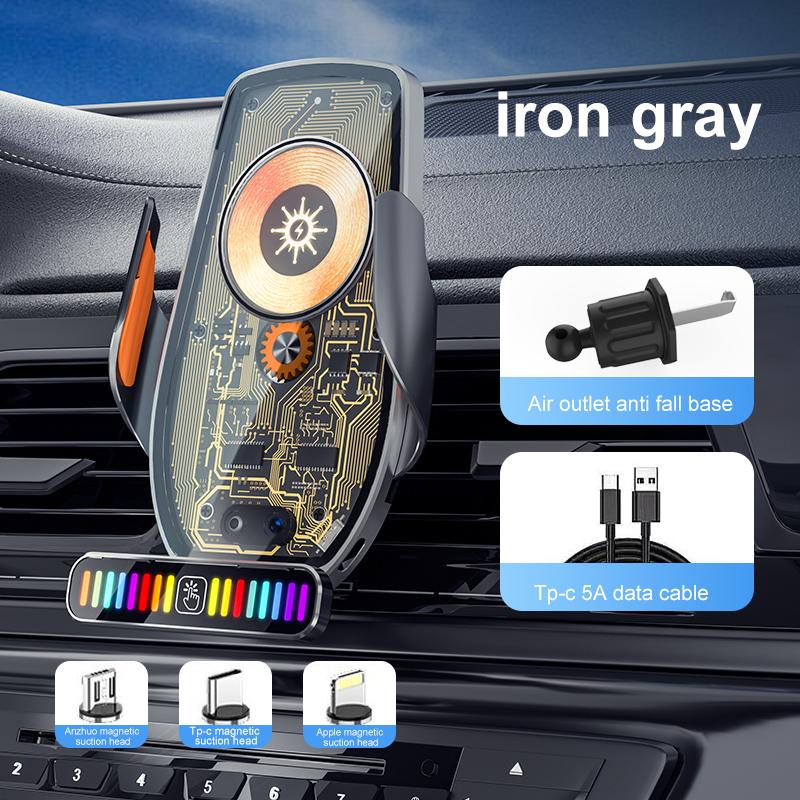 

Магнитное беспроводное зарядное устройство из алюминиевого сплава, быстрое зарядное устройство, автомобильный держатель с регулировкой красочного окружающего света для Iphone, Huawei, Xiaomi as picture