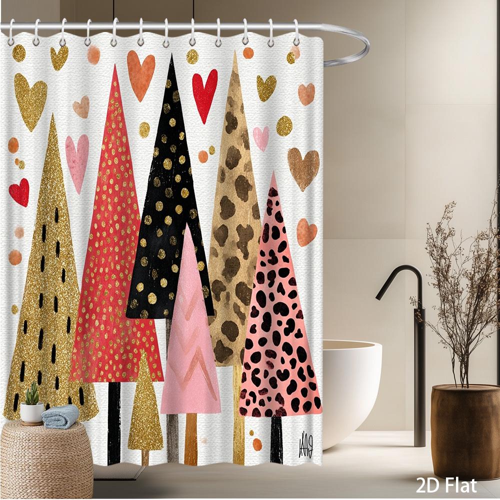 

Abstract Tree & Heart Shower Curtain – Colorful Pattern with Pink, Black, Gold & Leopard Print, Modern Art Design Includes Hooks 90x180cm35x71in