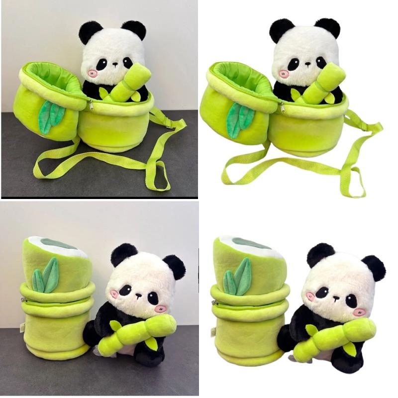 Niedlicher Panda Plüschtier Rucksack mit Bambusrohr Ideal für Mädchen, Weich und kuschelig, 30cm Höhe