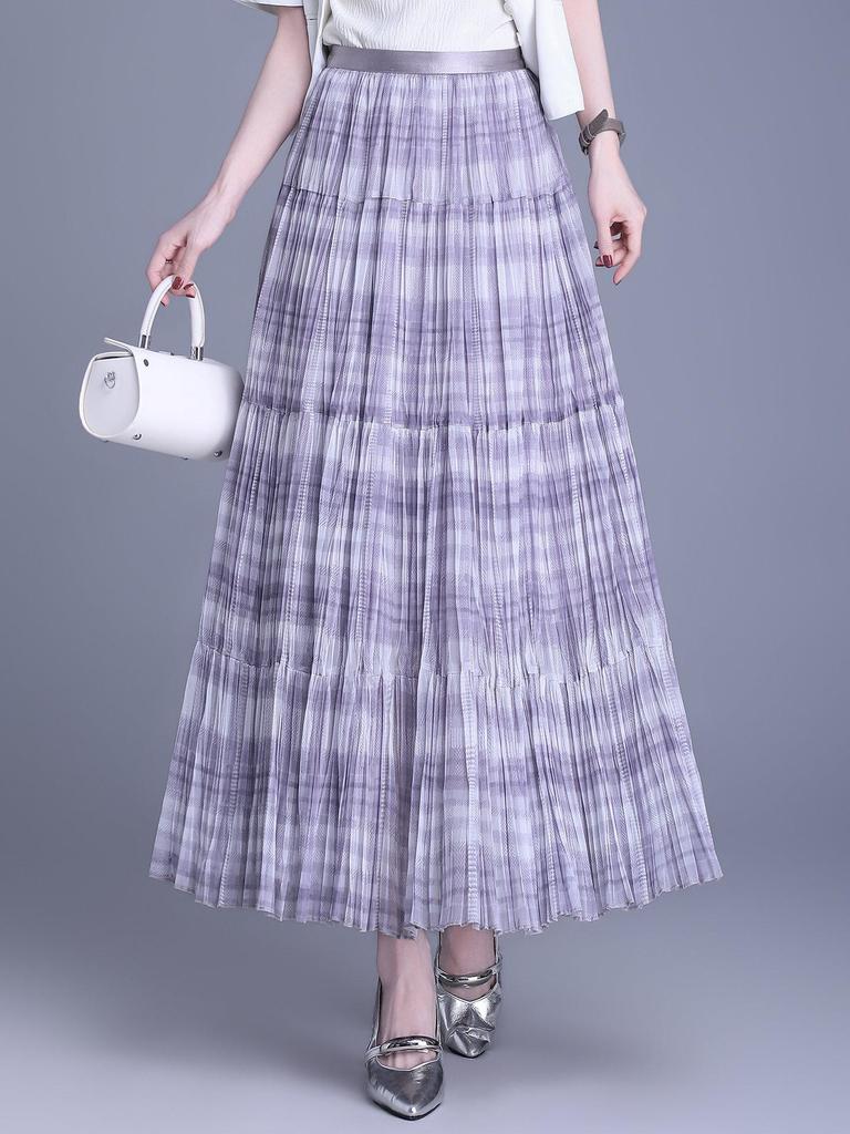 Elegant Spring 2026 Plaid Pleated A-line Skirt with Wide Hem