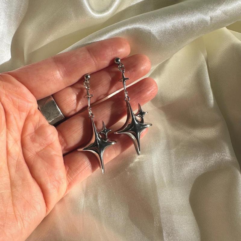 Gothic Y2K Silver Star Cross Dangle Earrings Retro Shiny Design