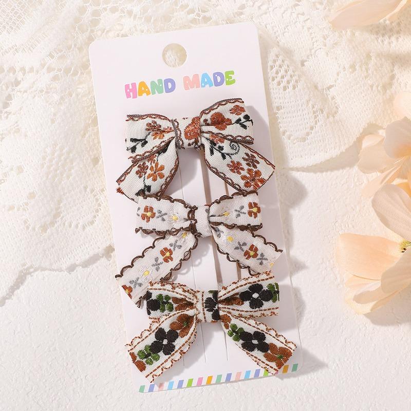 3pcs Handmade Floral Bow Hair Clip Set, Korean Girls' Side Clip, Children's Cute Fabric Hair Clip Hair Accessories for Women