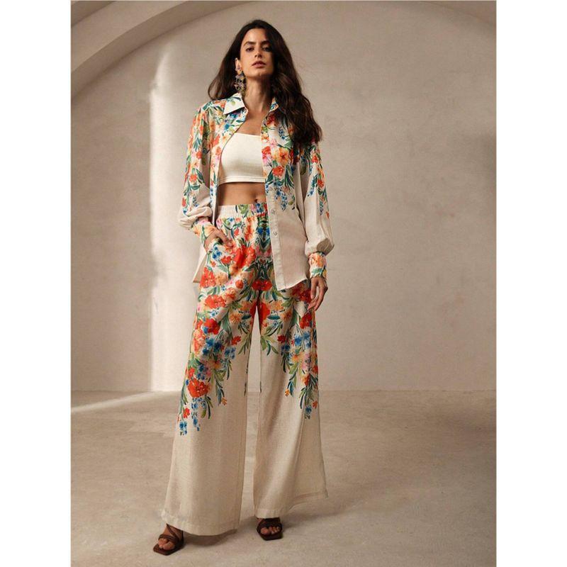 

European and American New Casual Fashion Floral Print Women s Shirt and Pants set Vacation Suit Orange Red S