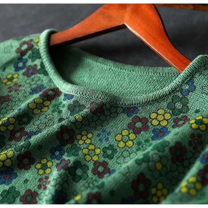 Kobieta Jesień Chiński Styl Vintage Nadruk O-Neck Luźny Sweter Moda Swobodny Długie Rękawy Swobodny Sweter