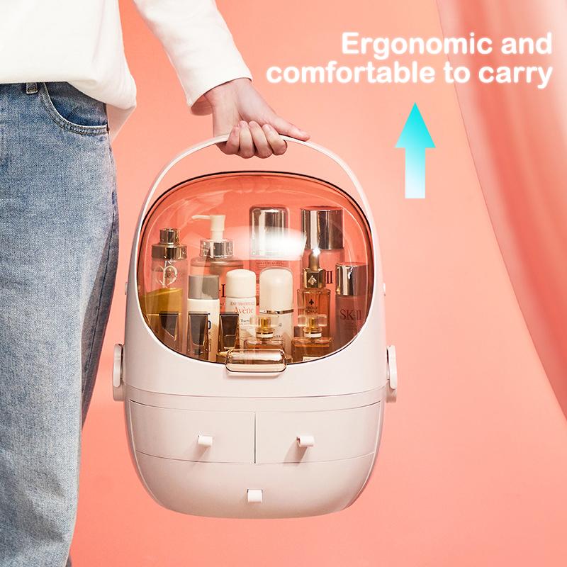 Caixa de Armazenamento de Cosméticos Multifuncional à Prova de Pó Cápsula Espacial Estojo de Cosméticos Prateleiras Transparentes para Cuidados com a Pele Cinto de Pó Alça