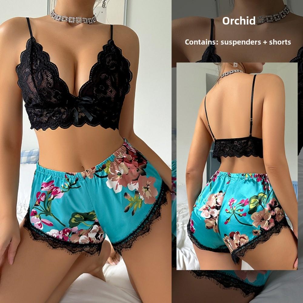 Leopard Print Sex Underwear Sexy Lace Suspender Pattern Shorts Charm Simulation Silk Set