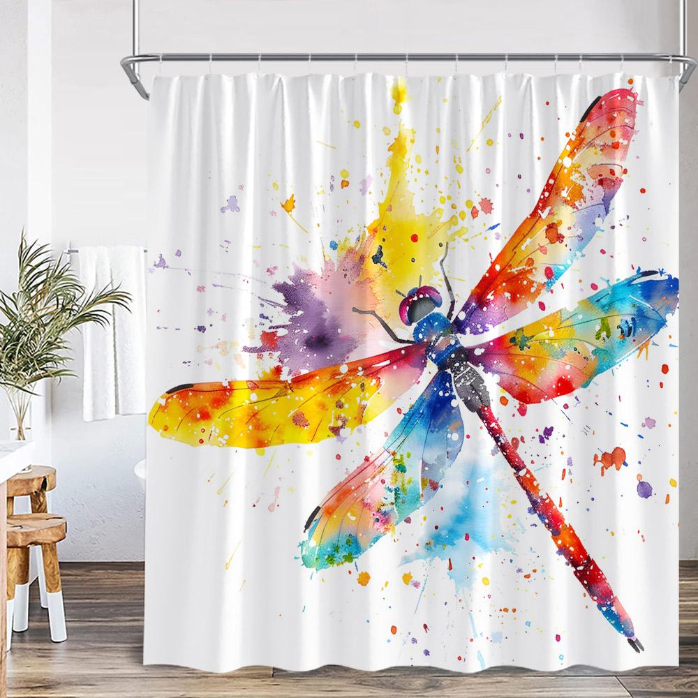 Vintage Dragonfly Shower Curtain Insect Plant Purple Flower Wistera Daisy Bathroom Decor Polyester Bathtub Curtain with Hooks