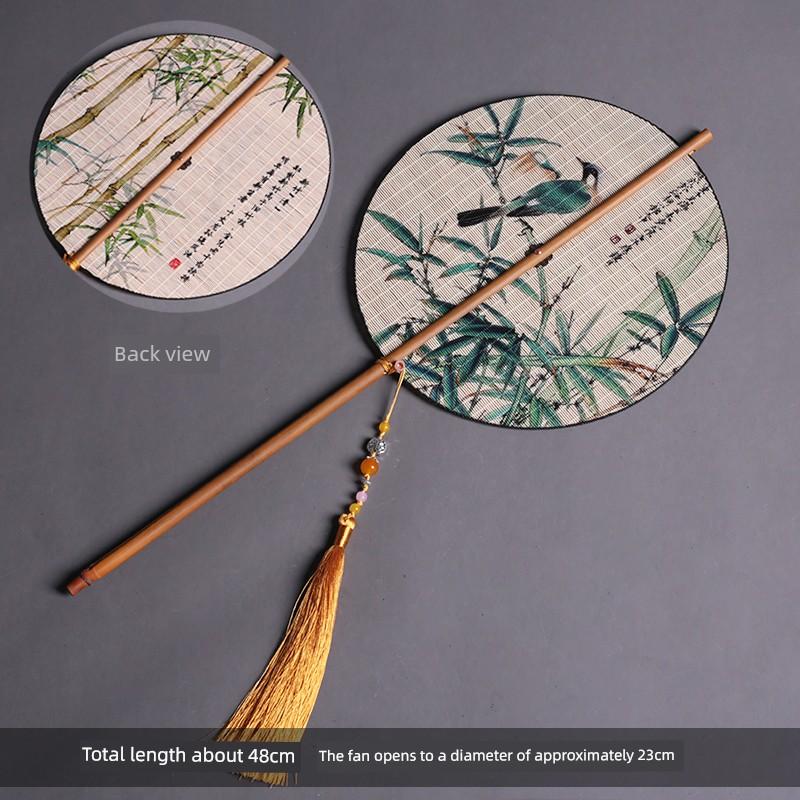 Handmade Waist Fan Antique Fan Han Chinese Clothing Cheongsam Rolling Long Handle Circular Fan Chinese Wind Long Tassel Double-Sided Old Bamboo