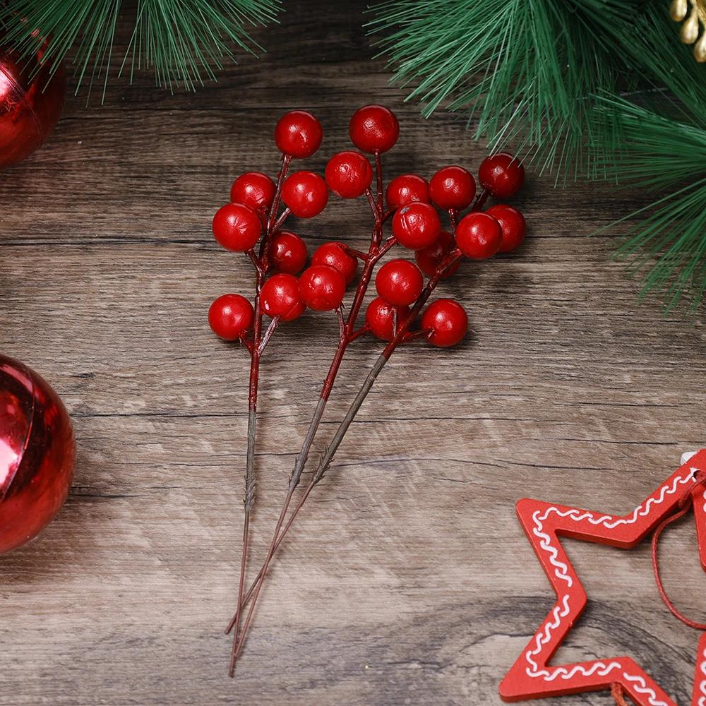 20/1Pcs Artificial Red Berry Branches Christmas Tree Holly Berries DIY Xmas Tree Wreath Table Ornaments For New Year Party Decor