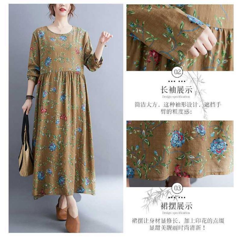 New Literary Plus Size Printed Long Sleeve Ethnic Style Dresses