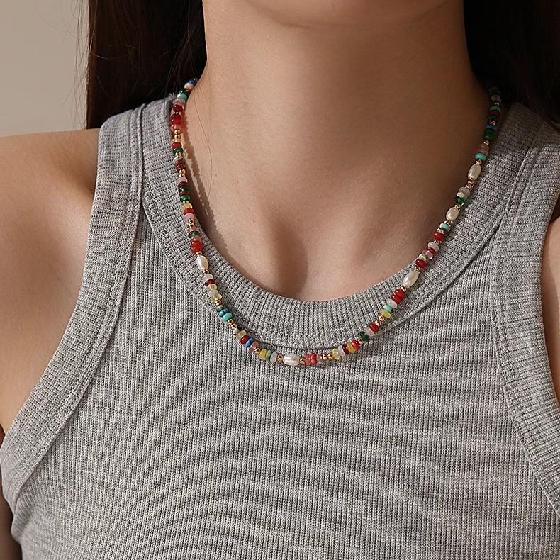 Colorful Natural Stone & Freshwater Pearl Beaded Choker Necklace for Women - Spring/Summer Collection