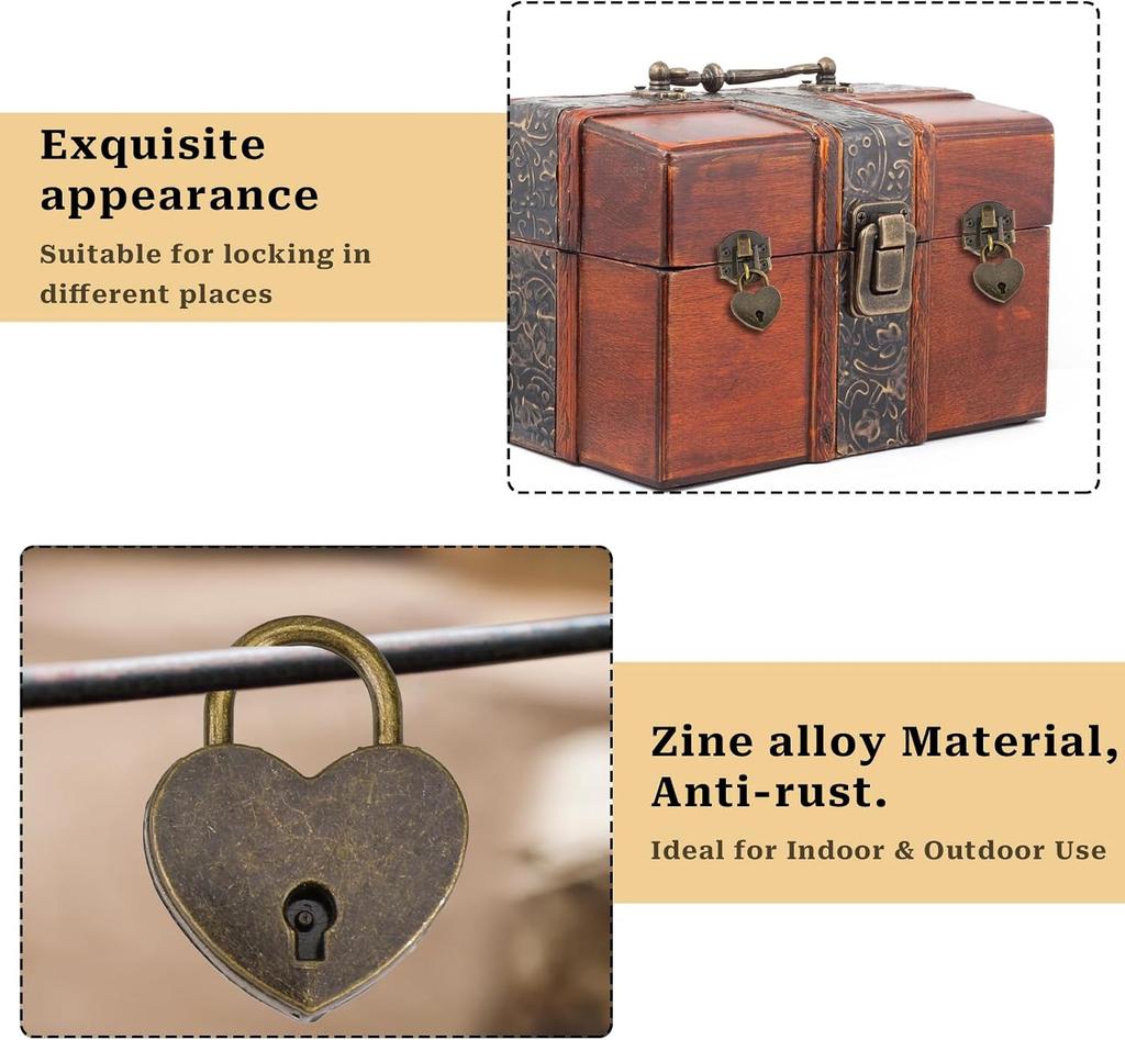 2er-Set Antik-Bronze Riegelverschluss 27 x 30 mm Riegelverschluss Mini-Boxscharniere und Liebesschlösser mit Schlüsseln Dekorative Schloss schnalle mit Schrauben für Schmuck Woo
