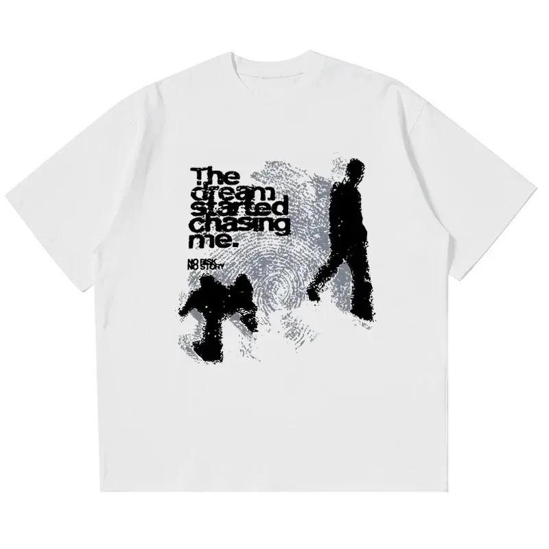 Men Tshirt Short Sleeve Shadow Print Y2k Top Tees Harajuku Streetwear Vintage Graphic Korean Aesthetic Clothing Oversize Tee