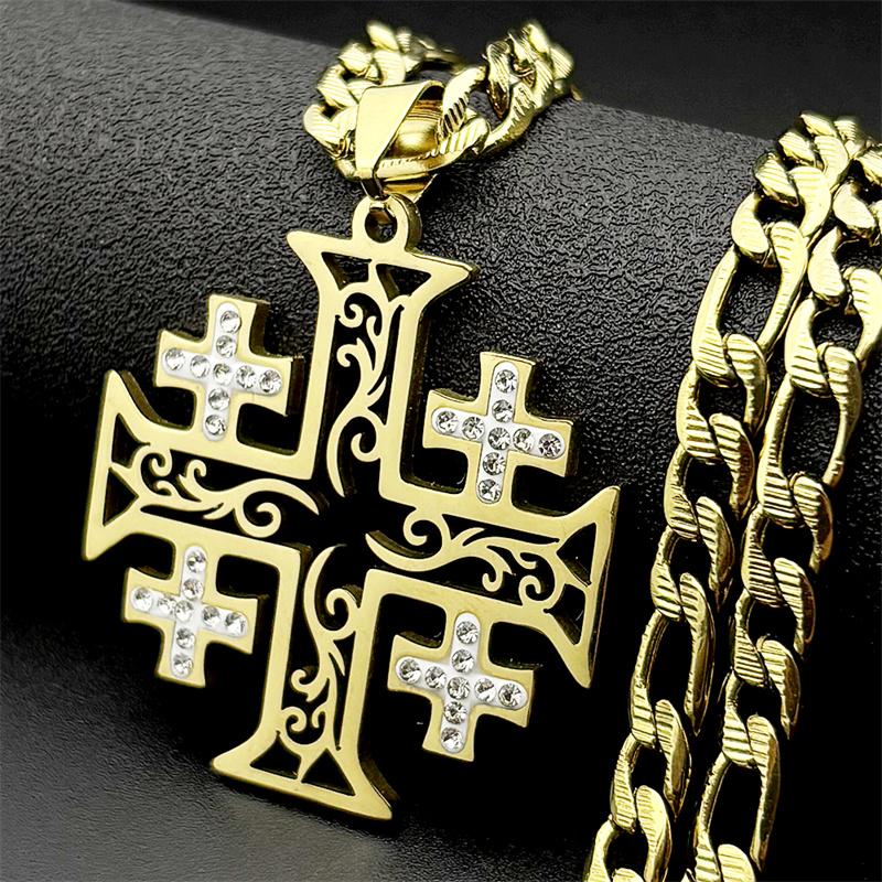 Jerusalem Cross Pendant Necklace for Women Men Stainless Steel Gold Color Christian Rhinestones Hip Hop Chain Necklaces Jewelry
