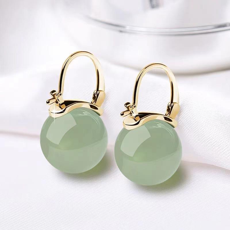Elegant Imitation Jade Hoop Earrings for Women Green Round Beads Ear Buckle Banquet Jewelry