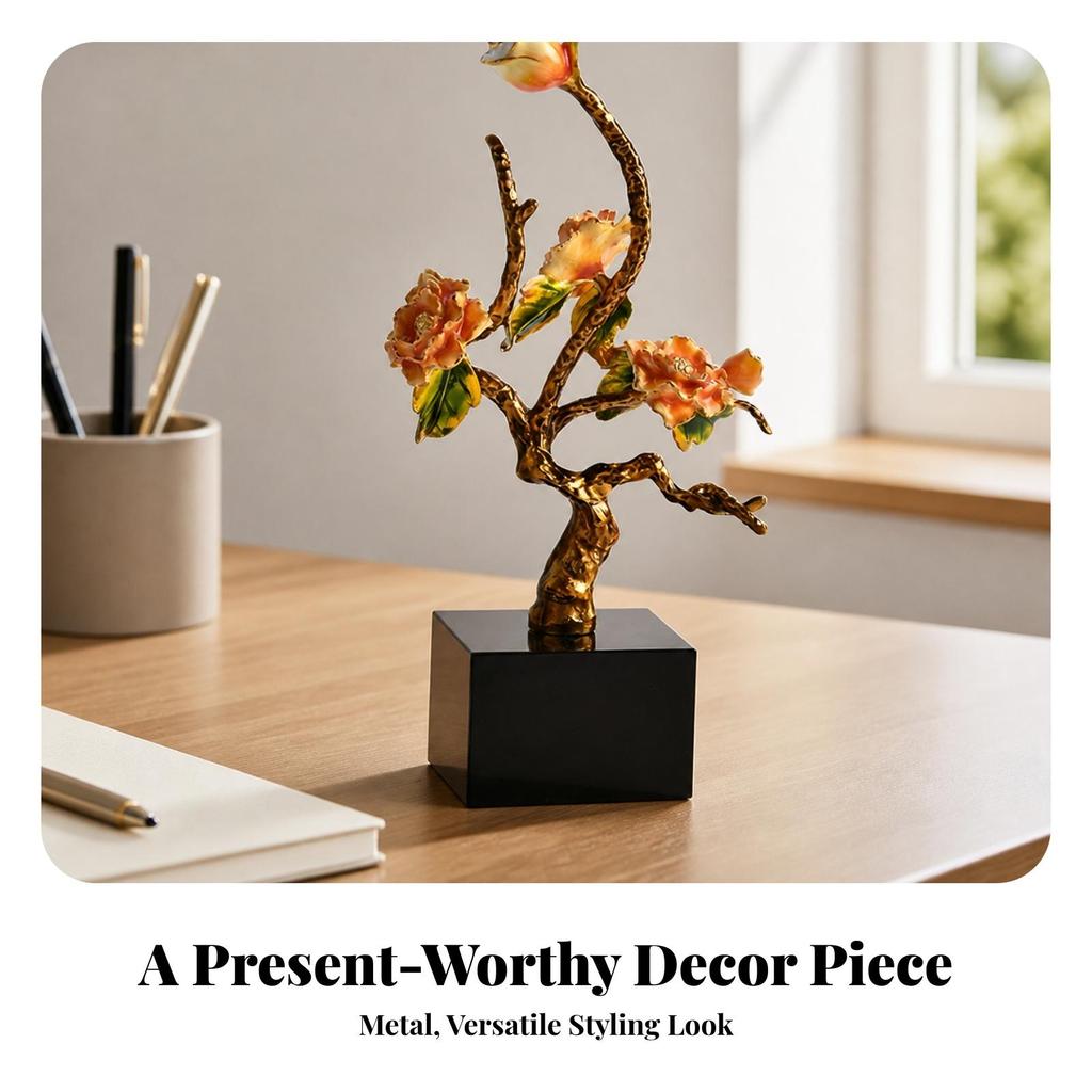 Metal Tree Ornament with Crystal Base Elegant Floral Branch Tabletop Figurine