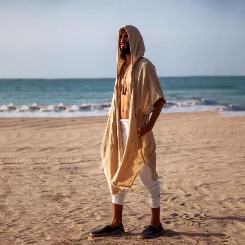 Cardigans de Verão Masculinos de Comprimento Médio Soltos Casuais Roupas de Proteção Solar Estilo Férias na Praia Capa tipo Casaco Longo com Capuz Masculina