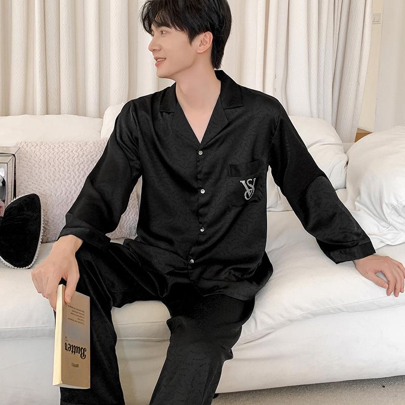 Pyjama-Set aus Eisseide: Luxuriöse Damen- und Herren-Langarm- und Hosen mit Jacquard-Design für Frühling und Herbst