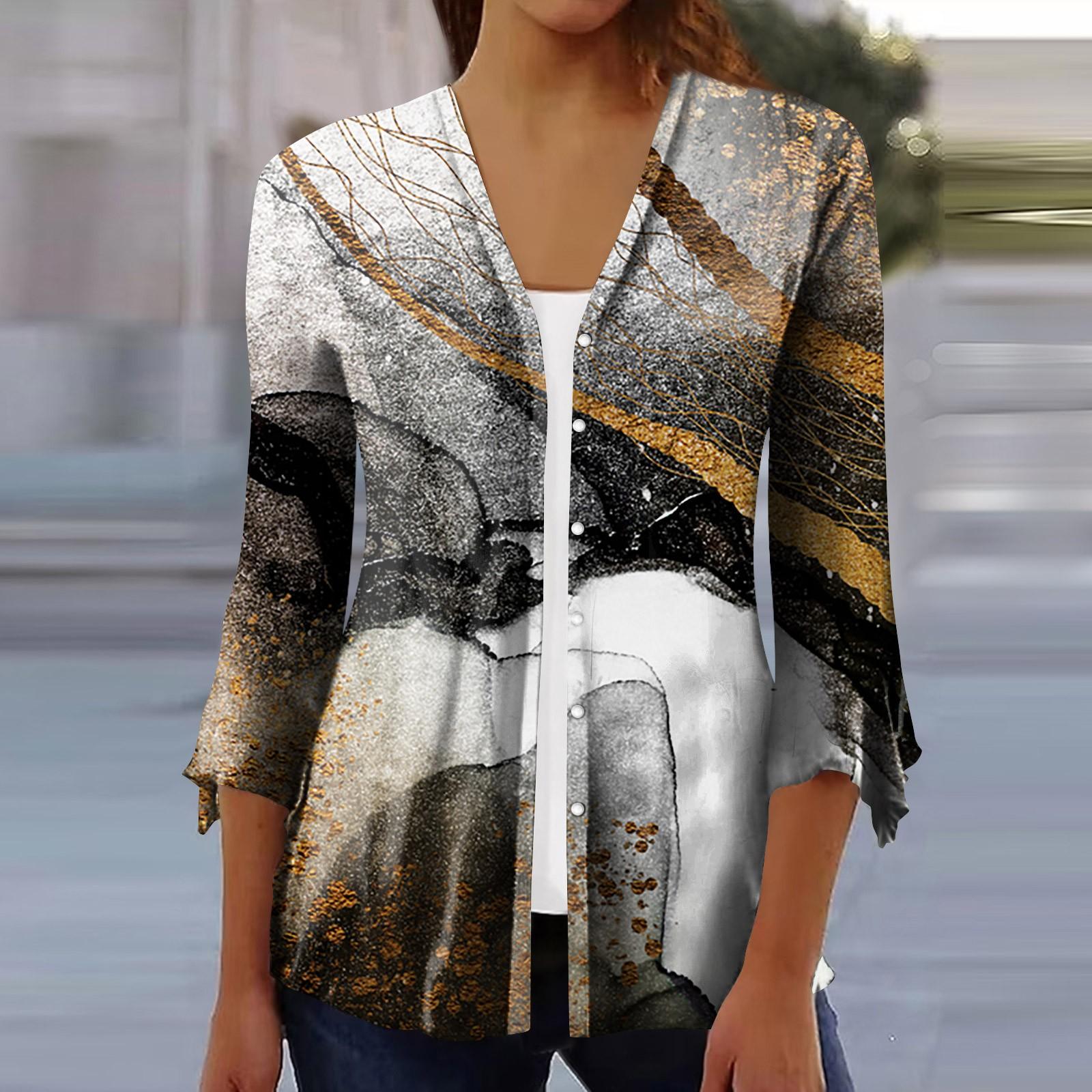 

Женская модная свободная повседневная блузка на пуговицах с рукавами из семи частей и принтом, кардиган, топ XL золотой