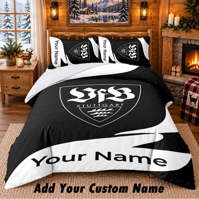VfB Stuttgart FC Pattern Bedding 3Pcs Set Custom Name, Bed Sheet And Pillowcases For Home Bedroom