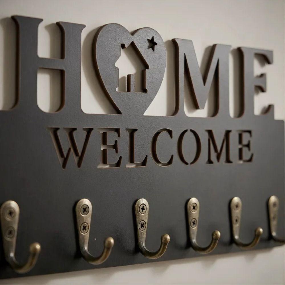 6 Hooks Wall Mount Key Rack Wooden Wall Decorative Hook Key Storage Holder Housewarming Gift