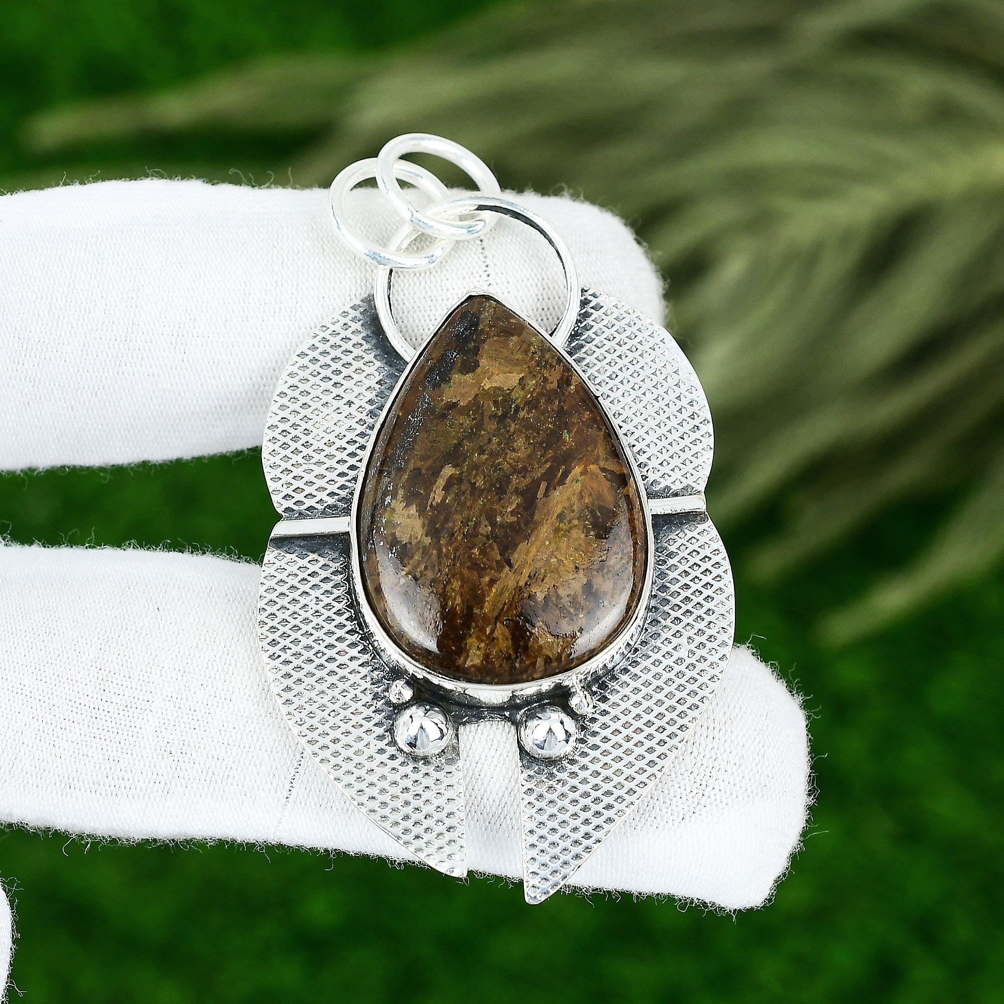 

Sterling Silver Pear Bronzite Gemstone Ethnic Mother Wedding New Pendant Jewelry