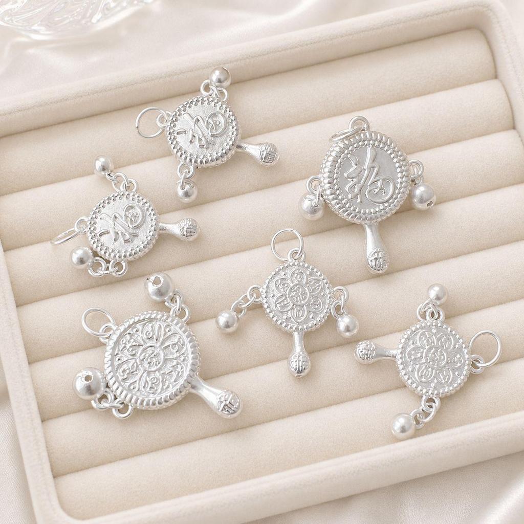 999 Sterling Silver Retro Fu Character Baby Safety Rattle Pendant for DIY Hand Rope Accessories