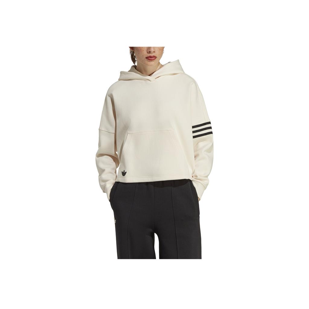 Adidas Originals Campus 00s Series Clover Logo Stripe Print Cropped Hoodie Long Sleeve Sweatshirt Women Tops White IB5921