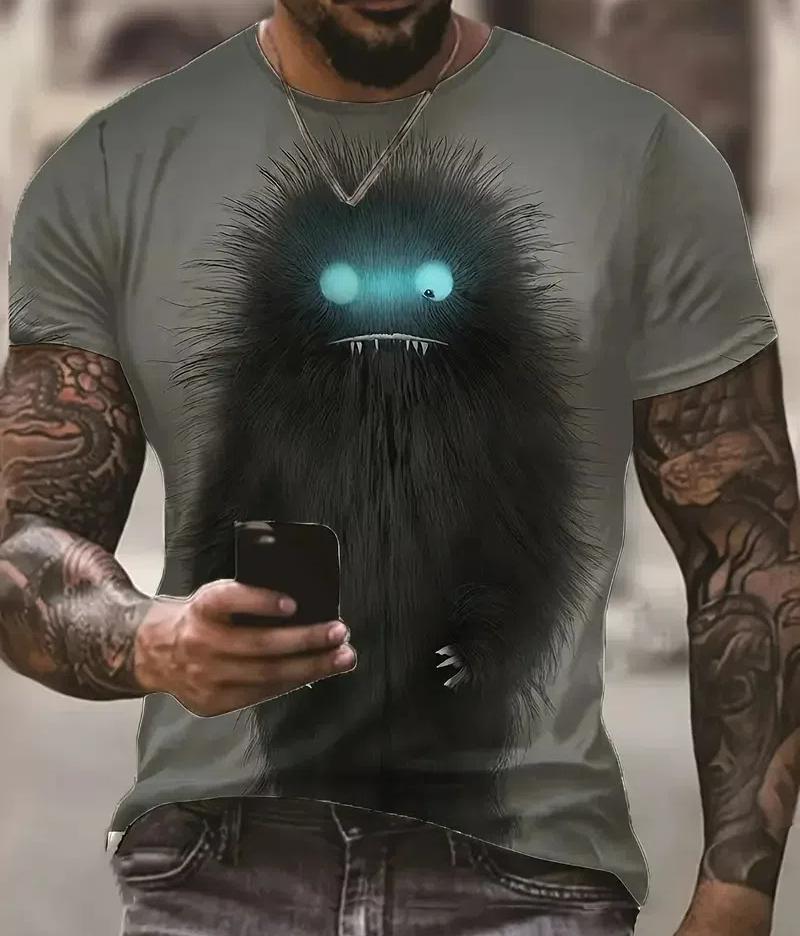 Pánský pulovr se vzorem Monster In Panic 3D s krátkým rukávem a kulatým výstřihem, nadměrné tričko, letní outdoorové streetwearové tričko