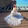 Water Gloss Yarn Lace Jacquard Splicing Long Vacation Lace Mesh Yarn Neck Yarn Backless Skirt Dress Printed Fairy Skirt