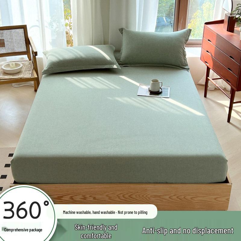 Muji-Style Washed Cotton Fitted Sheet Set - Non-Slip, Single Piece, Mattress Protector