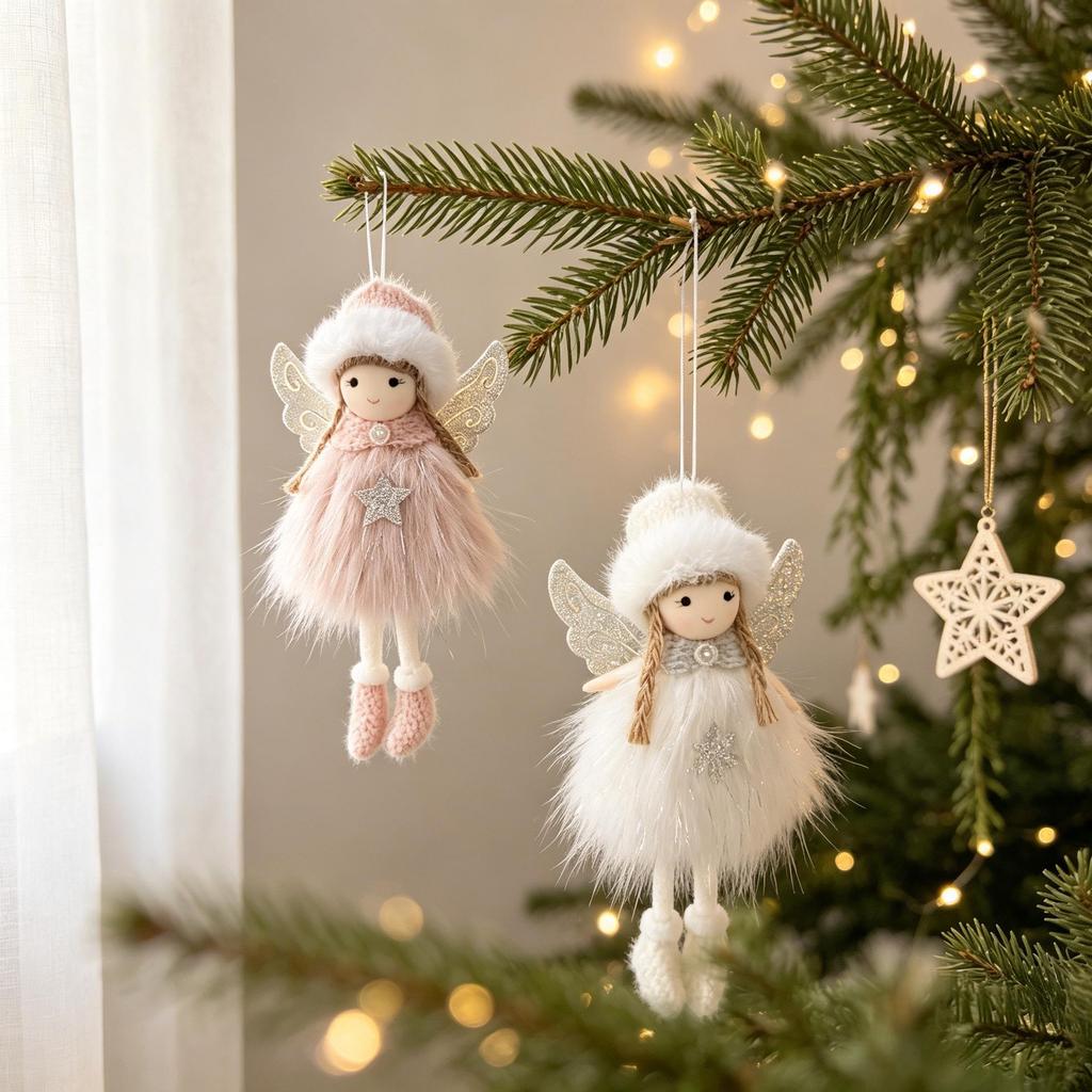 Christmas Angel Plush Doll Ornament with Hat and Glitter Wings