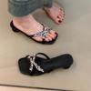 Fashion New French Rhinestone High Heels Women's Square Toe Open Toe Cross Strap Temperament Summer Outward Wear Sandals and Slippers