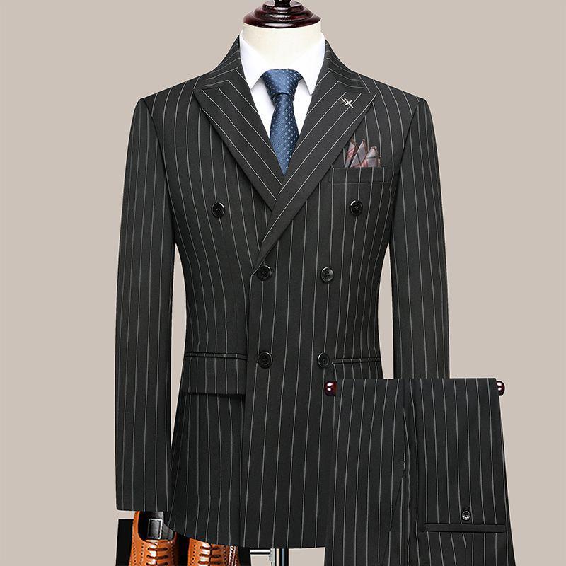 New Men's Slim Fit Double-Breasted British Stripe Suit - Perfect for Weddings & Groom Attire