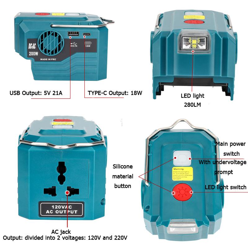 200W Power Inverter For Makita/Dewalt/Milwaukee/Bosch 18V To AC 120/220V Battery Inverter with USB And Type-C ,LED Light