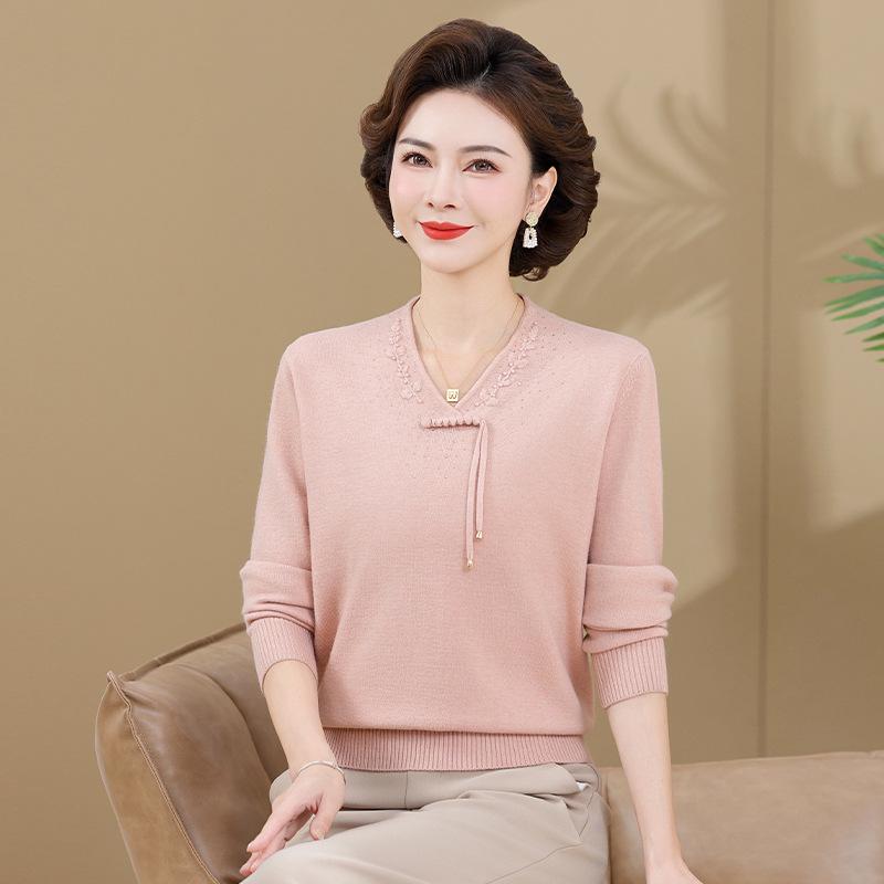 2025 New Style Red Winter Base Layer Top for Middle-Aged Women - Thickened Knitted Sweater