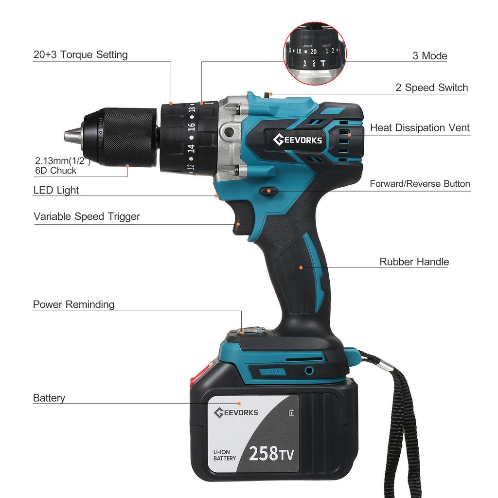 Купить Аккумуляторная дрель-шуруповерт Geevorks, 21 В, максимальный ...