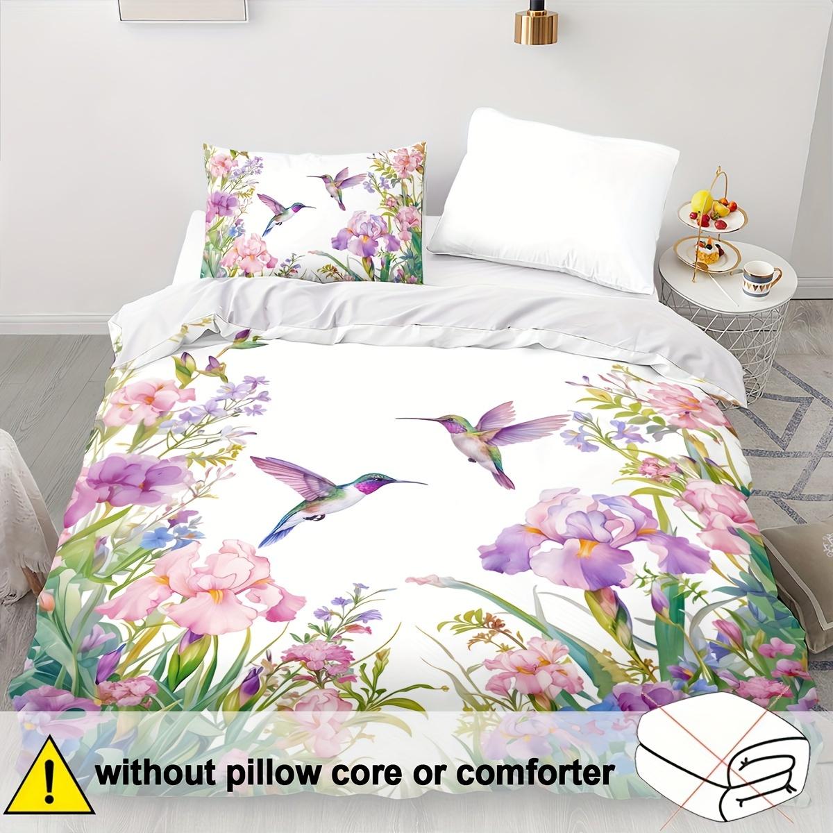 2/3pcs Hummingbird Bedding Animal Duvet Cover Set Kingfisher Comforter Cover Bedroom Decor Guest Room 2D Pink Flowers Flat Printing (Include 135cm*200cm