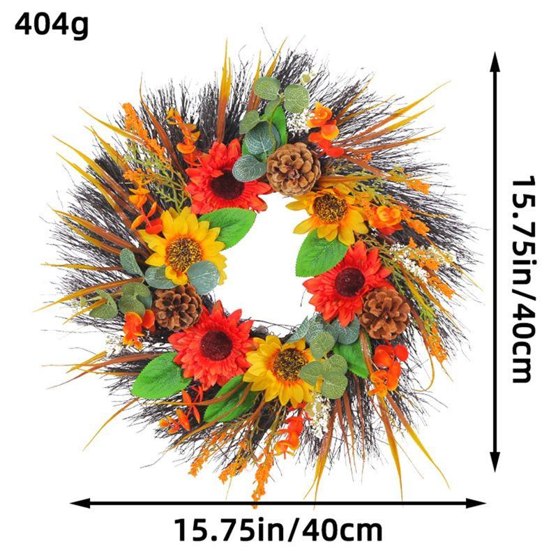 Good-Pine Cone Sunflower Wreath Fall Decor Wreath Outdoor Wreath Wreaths For Front Door For Porch Farmhouse Home Decor 40Cm